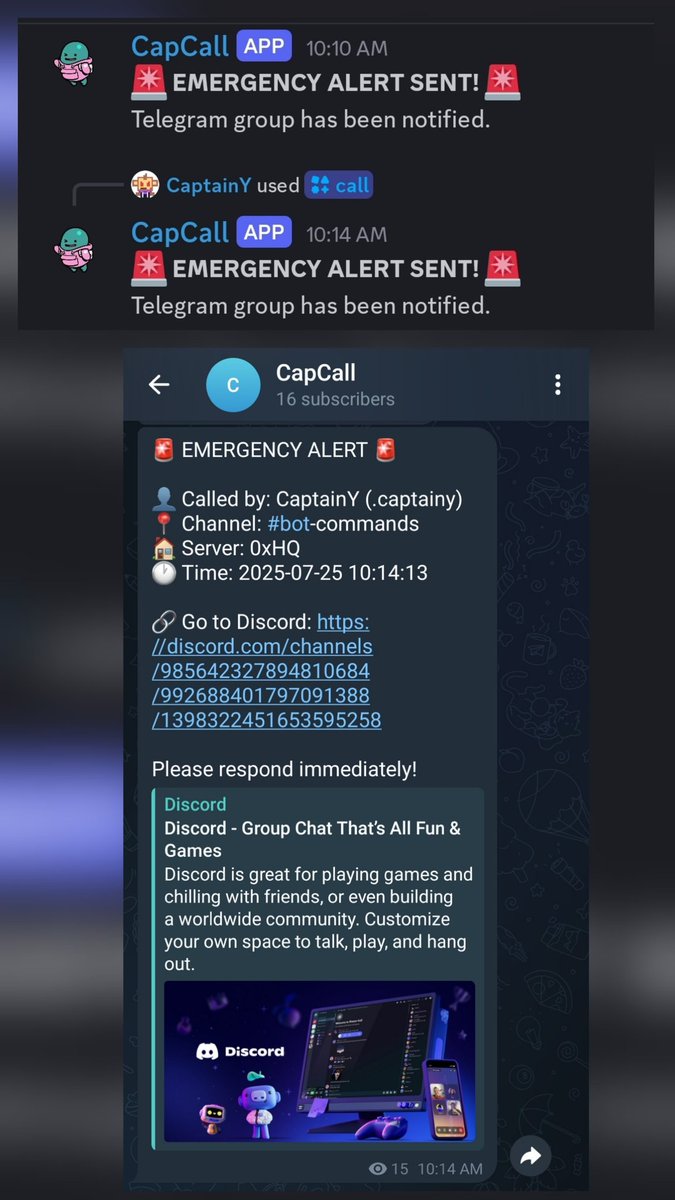I've been seeing Discord vs. Telegram cult wars, so I built a smol bot for the Telegram homies. Get pinged on Telegram straight from Discord 👀