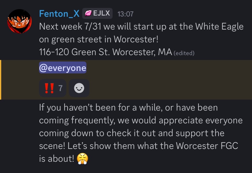 WorcesterFGC's tweet image. New venue alert! Come on down to the White Eagle on 7/31 and support our local scene! Hopefully this becomes a permanent spot for us!
116-120 Green St. Worcester, MA.
Casuals 6pm, Brackets 8pm
Tekken 8, Strive, Mystery Game