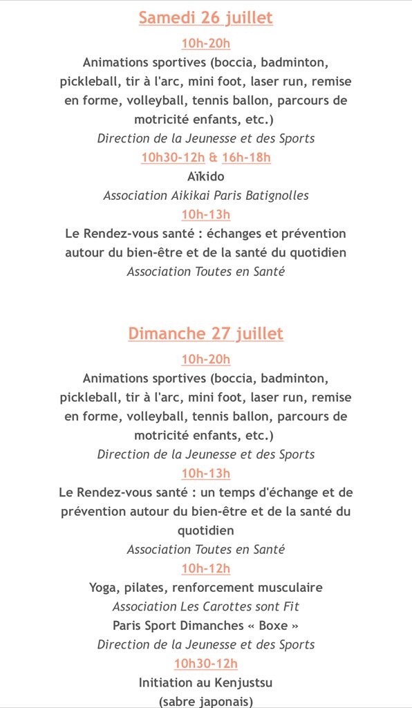 Christophe Ledran (@ledranch) on Twitter photo 🏸 Cet été venez profiter à #Paris17 d’un programme complet d’animations sportives au Parc Martin Luther King ou sur le site de baignade du Stade Just Fontaine porte d’Asnières
📅 Découvrez les animations du week-end.
Cc.: <a href="/geoffroyboulard/">Geoffroy Boulard</a> <a href="/adlmorandiere/">Athénaïs de La Morandière</a> 🏸 Cet été venez profiter à #Paris17 d’un programme complet d’animations sportives au Parc Martin Luther King ou sur le site de baignade du Stade Just Fontaine porte d’Asnières
📅 Découvrez les animations du week-end.
Cc.: <a href="/geoffroyboulard/">Geoffroy Boulard</a> <a href="/adlmorandiere/">Athénaïs de La Morandière</a>