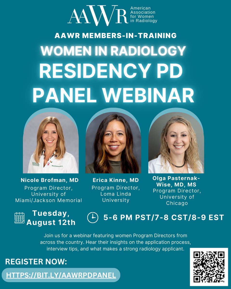 Power Panel on August 12: Women PDs Talk Radiology Match Success
Top women PDs will share insights on the application process, interviews, &amp; what makes a strong radiology applicant.

🕔 5–6 PM PT | 8–9 PM ET
🔗 bit.ly/AAWRPDPanel

#Radiology #WomenInMedicine #Match2026