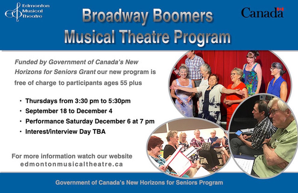 🎶 Exciting news from Edmonton Musical Theatre! 🎭
Thanks to a New Horizons for Seniors grant, they’re offering a FREE program for ages 55+ — no audition needed!
Spots are limited, so register now!