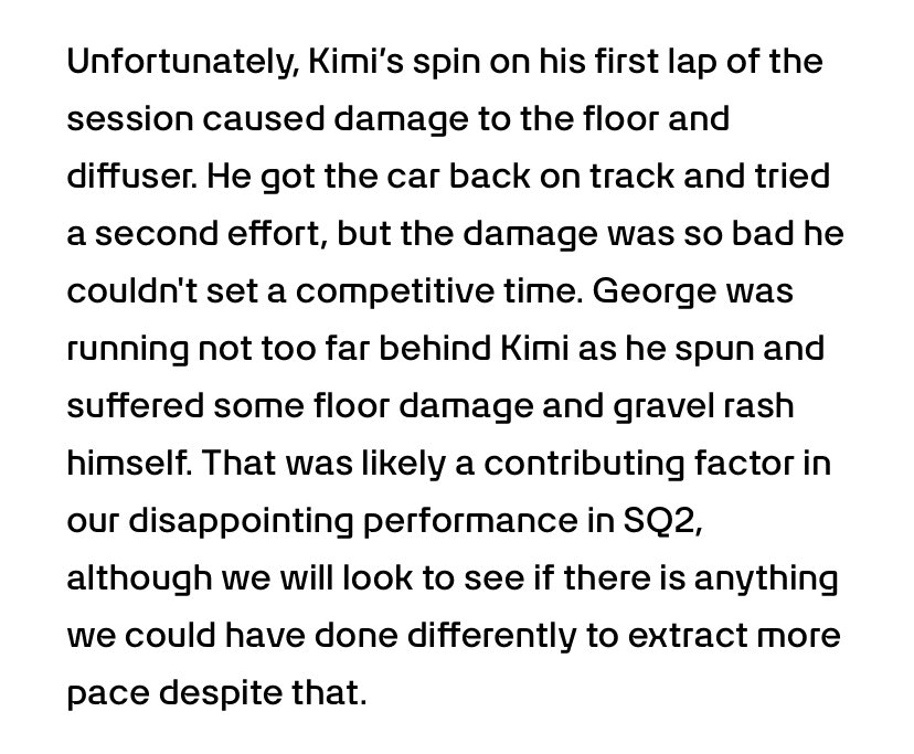 gruszell's tweet image. shov has reaffirmed that george sustained damage from kimi’s little gravel spin. unfortunate but we move on, hopefully tomorrow will be kinder to the drivers 🤞🏻