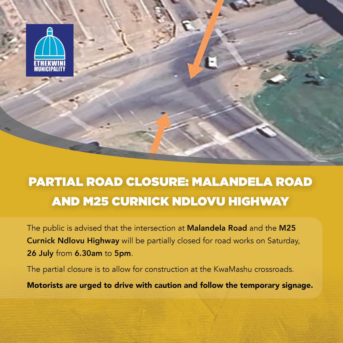 eThekwiniM's tweet image. Ukuvalwa kwengxenye yomgwaqo:
Malandela Road no-M25 Curnick Ndlovu Highway
Umphakathi uyaziswa ukuthi ingxenye yempampanamgwaqo kuMalandela no-M25 Curnick Highway
izovalwa ngoMgqibelo, 26 Julayi kusukela ngo-6.30 ekuseni kuya ku-5 ntambama.
Lokhu kuvalwa komgwaqo kwenzelwa…