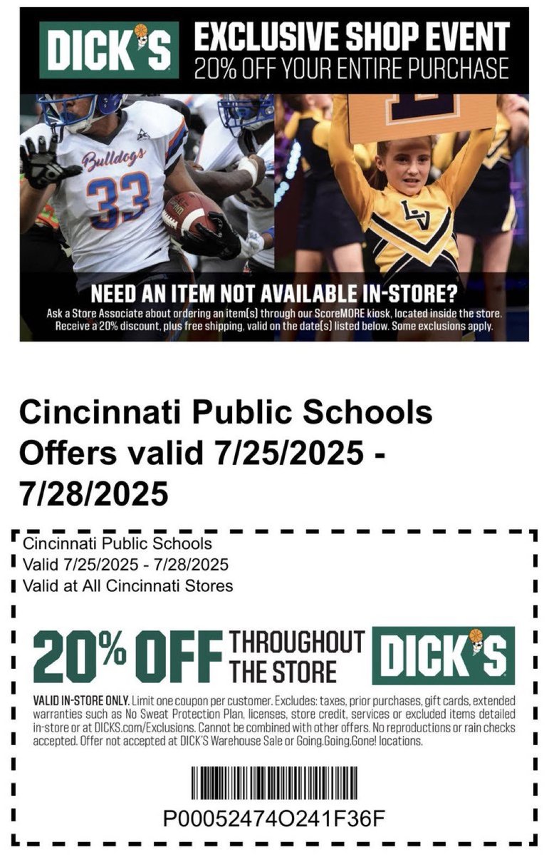 IamCPS's tweet image. Just a heads up — you can get 20% off your entire purchase at Dick’s Sporting Goods this weekend (July 25–28.) Valid at all Cincinnati stores — just show the coupon below!