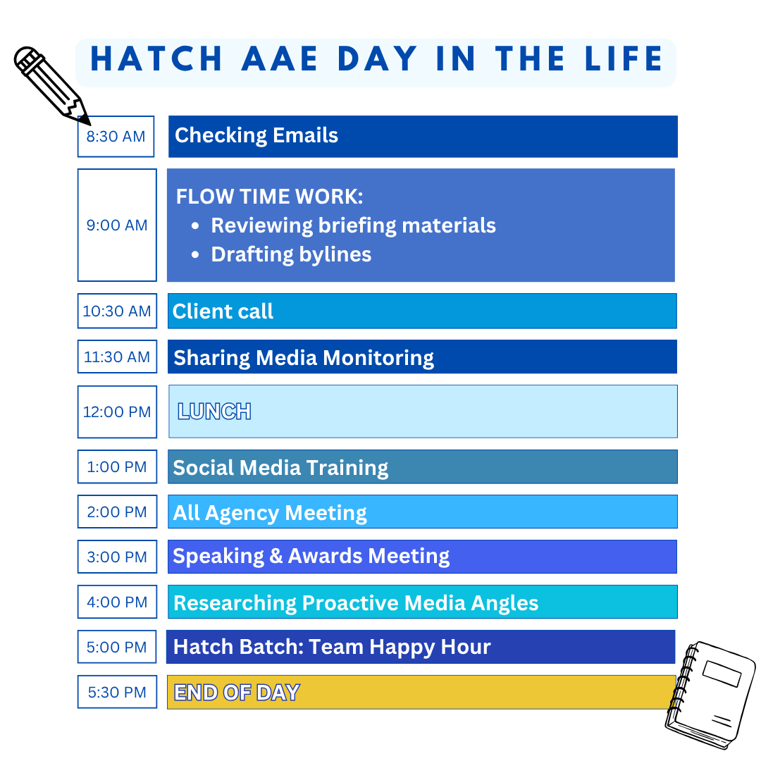 TheHatchAgency's tweet image. Never a dull moment as an Assistant Account Executive at the Hatch agency. Check out an example schedule of a day in the life of an AAE! 📅