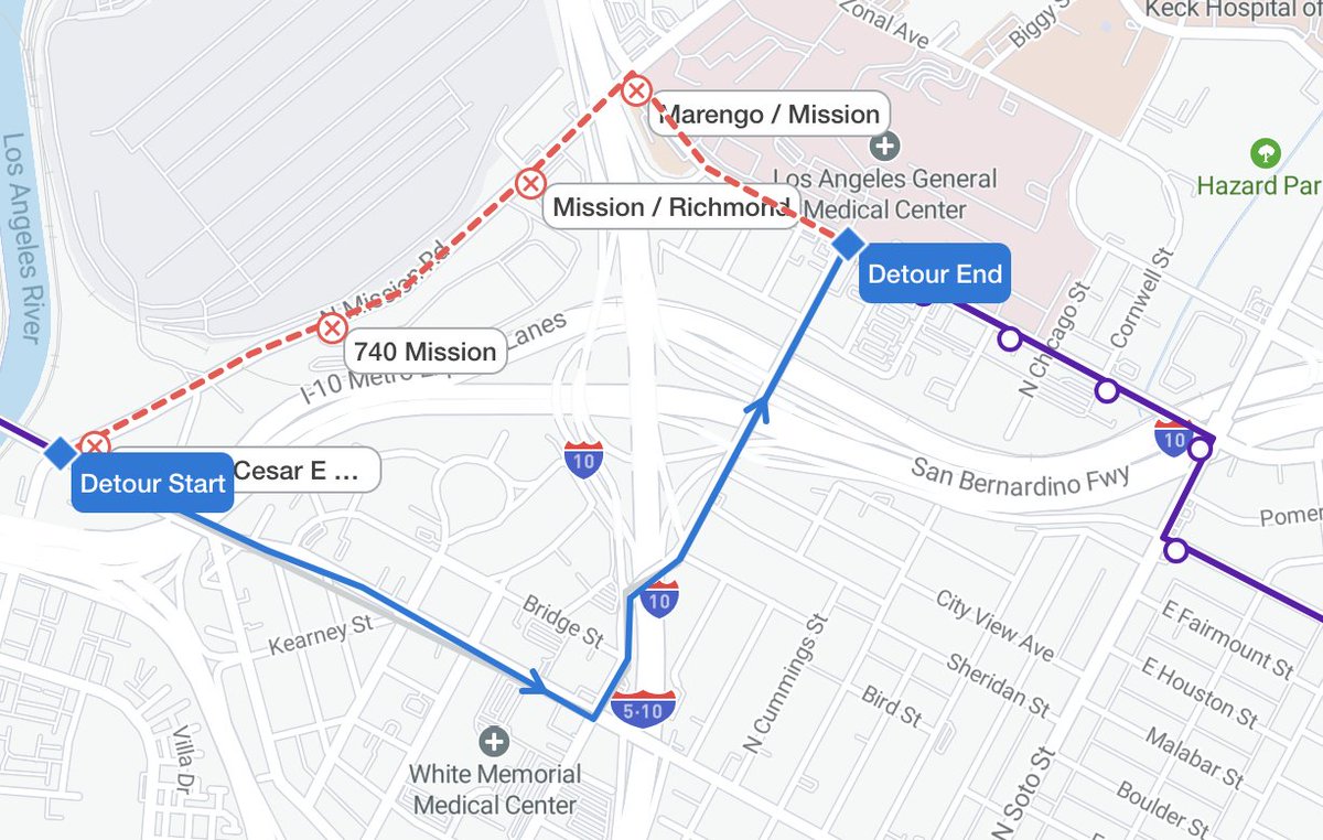 metrolaalerts's tweet image. LINE 106: Buses will detour until 12pm due to police activity.
Toward Garvey/Atlantic, stops from Mission/Cesar E Chavez through Marengo/Mission will not be served.
Toward The Shops at Montebello, stops from Marengo/ State through Mission/Cesar E Chavez will not be served.
