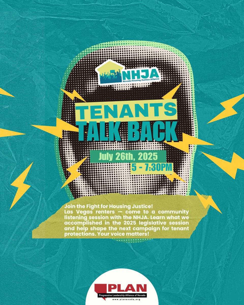 PLANevada's tweet image. NV renters deserve better. With #NVLeg 2025 wrapped &amp;amp; new federal cuts looming, housing security feels more out of reach than ever. Tenants Talk Back is where we build power, share stories &amp;amp; plan the fight for real tenant protections. Join us Sat. 7/26! bit.ly/3GWKx2h