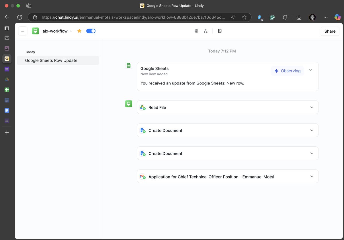 emmanuelmotsi's tweet photo. Harnessing no-code automation! Just built an AI agent that drafts a tailored cover letter, rewrites your CV to match the role, and crafts a message to the hiring manager—triggered instantly by a Google Form job post. Hello productivity! #LindyAI #NoCode #Automation #ALX_AiSK https://t.co/7QBWDnGRAc