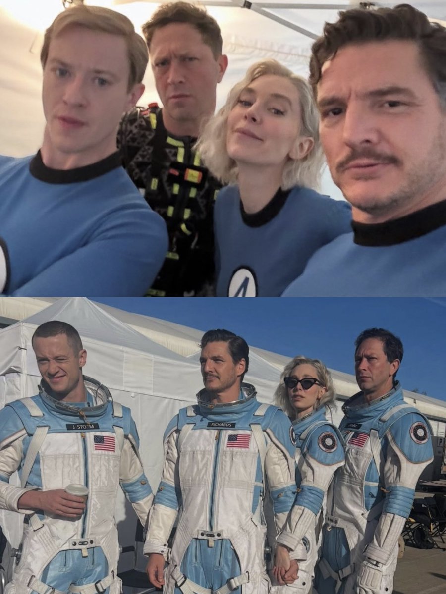 cinefied_'s tweet image. Joseph Quinn, Ebon Moss-Bachrach, Vanessa Kirby and Pedro Pascal on the set of 'The Fantastic Four: First Steps'