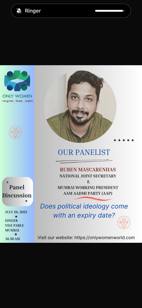 Ruben Mascarenhas (@rubenmasc) on Twitter photo Will be speaking at Only Women’s Panel Discussion on ‘Does political ideology come with an expiry date?’, representing <a href="/AamAadmiParty/">AAP</a>.
It will be moderated by the brilliant <a href="/neetakolhatkar/">Neeta Kolhatkar</a>.
Looking fwd to hearing fellow ‘netas’ - <a href="/sanjaynirupam/">Sanjay Nirupam</a>, <a href="/sachin_inc/">Sachin Sawant सचिन सावंत</a> & <a href="/Clyde_Crasto/">Clyde Crasto</a> Will be speaking at Only Women’s Panel Discussion on ‘Does political ideology come with an expiry date?’, representing <a href="/AamAadmiParty/">AAP</a>.
It will be moderated by the brilliant <a href="/neetakolhatkar/">Neeta Kolhatkar</a>.
Looking fwd to hearing fellow ‘netas’ - <a href="/sanjaynirupam/">Sanjay Nirupam</a>, <a href="/sachin_inc/">Sachin Sawant सचिन सावंत</a> & <a href="/Clyde_Crasto/">Clyde Crasto</a>