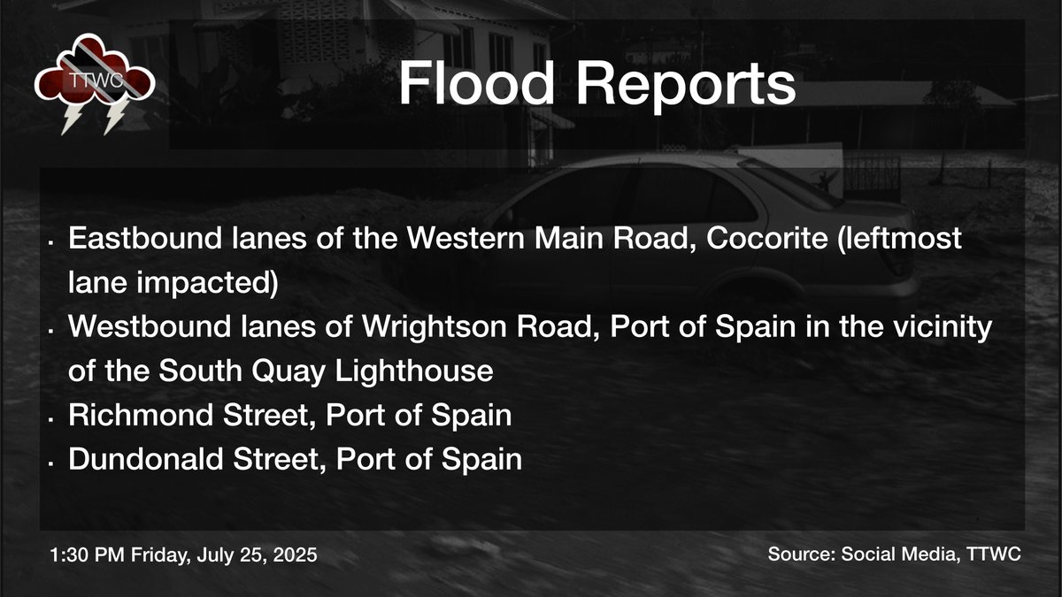 TTWeatherCenter's tweet image. 1:30 PM - Street flooding is ongoing across various areas of northwestern Trinidad, including Port of Spain and Cocorite.
Expect traffic delays across the typical flood-prone areas of Port of Spain as waters subside following brief but heavy rainfall. Today’s next high tide is…