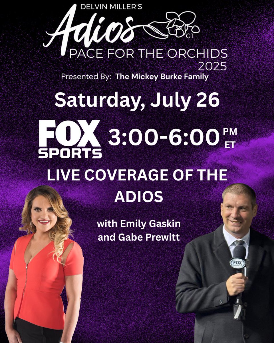 The Adios goes national! 🎉 Catch LIVE coverage on FOX Sports from 3–6 PM! Hosted by Emily Gaskin &amp; Gabe Prewitt! 🎙️🔥

#Adios2025 #HarnessRacing #LiveOnFOX #AdiosDay #PaceForTheOrchids #FOXSports