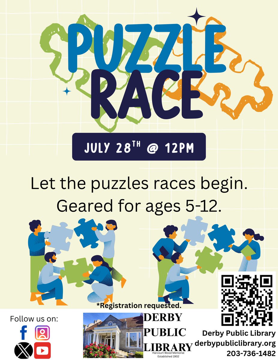 Let the puzzles races begin!  Participants will be competing against each other in teams of 2 (or solo if you choose) dependent on the # of attendees (5 puzzles= 5 teams) to complete a moderately-sized jigsaw puzzle. For ages 5-12.
REGISTER HERE: bit.ly/4o682Xt