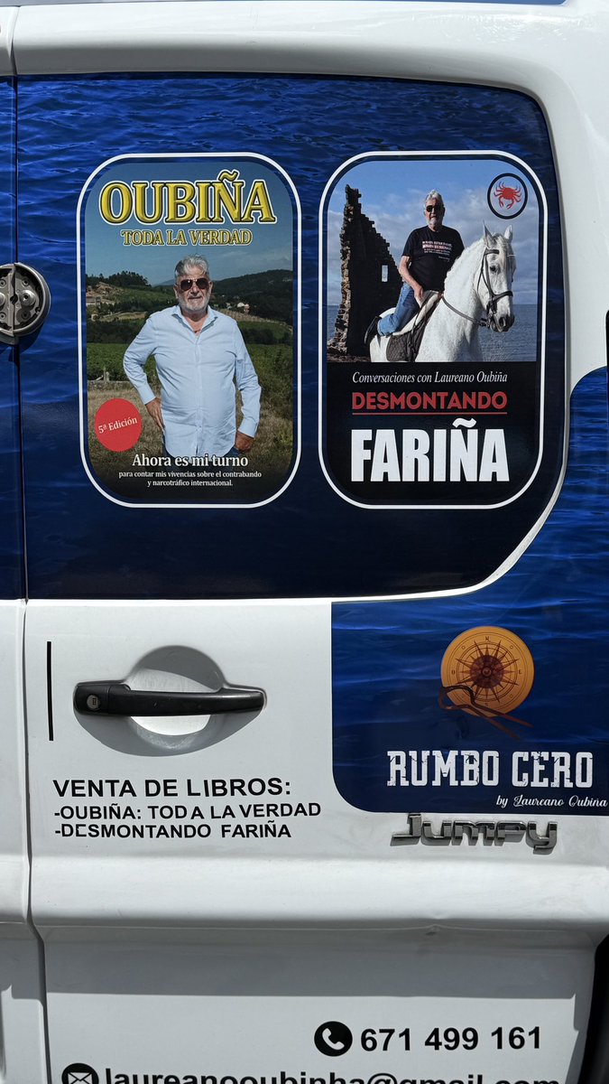 XoseCastro's tweet image. El narco de Oubiña se pasea por Galicia con esta furgoneta en la que publicita sus vinos y sus magnas obras literarias.
Poca cárcel chupó el sinvergüenza.
(Acordándome de @NachoCarretero)