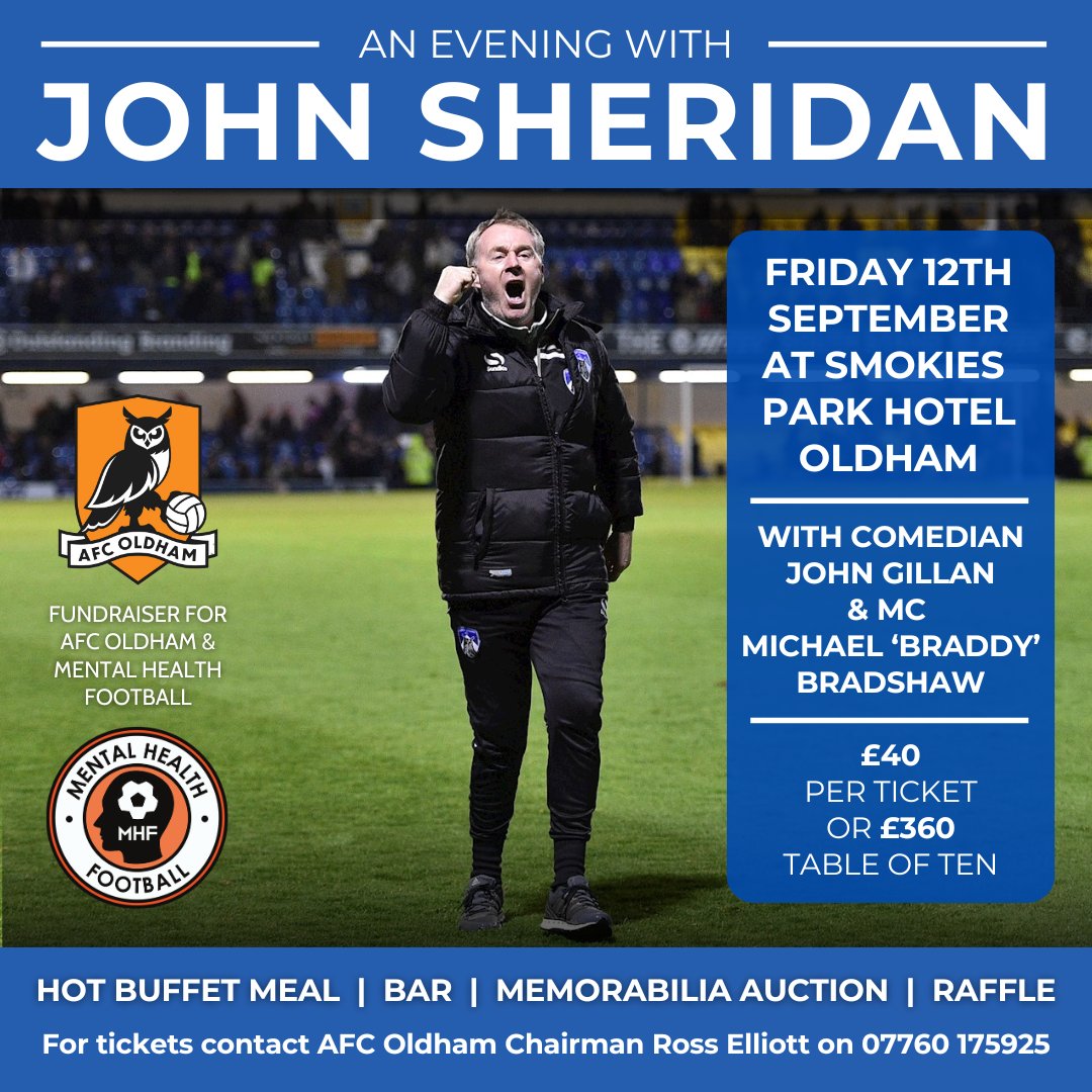 AFCOldham's tweet image. One for Latics fans...

🎙️ An Evening with John Sheridan
🗓️ Friday 12th September
📍 Smokies Park
🎟️ Tickets £40 (tables of 10 - £360)

Join us for a brilliant night of entertainment with #OAFC legend John Shez Sheridan. With top comedian John Gillan &amp;amp; MC @MickBraddy

#OldhamHour