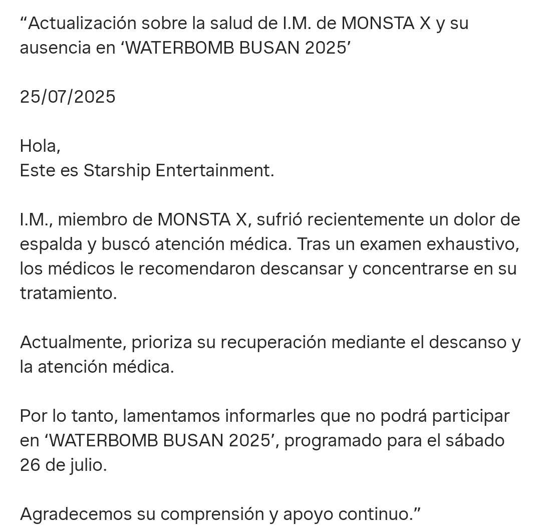 Changkyun no asistirá al WATERBOMB de BUSAN  debido a problemas médicos.