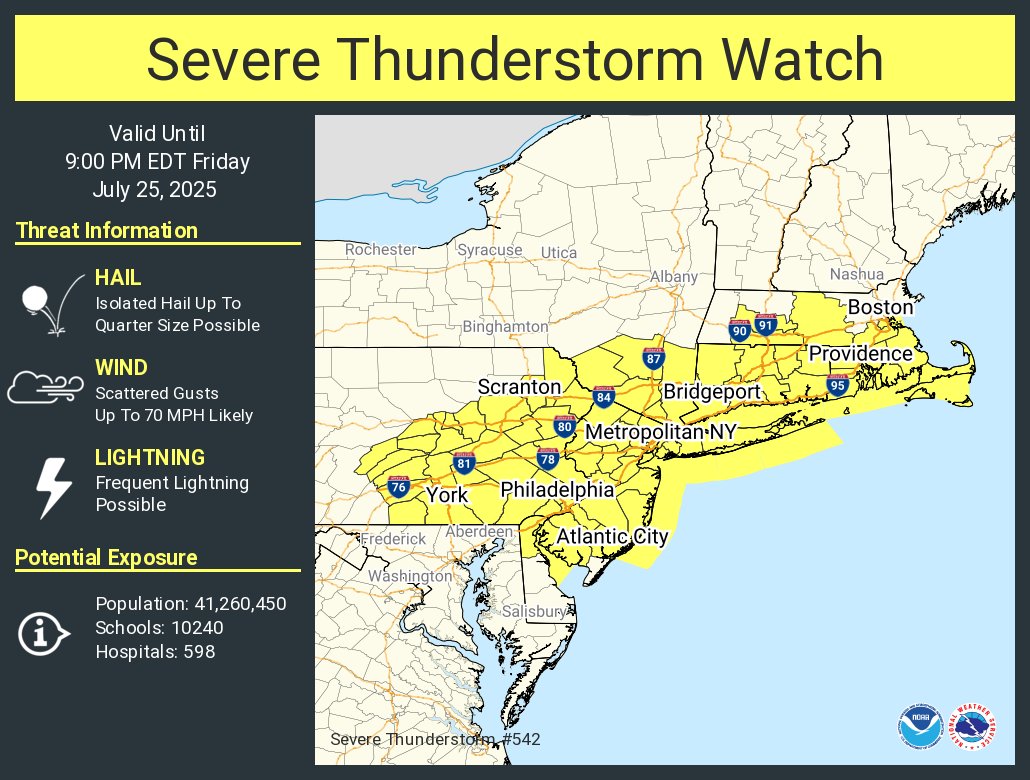 A severe thunderstorm watch has been issued for parts of Connecticut, Delaware, Massachusetts, New Jersey, New York, Pennsylvania and Rhode Island until 9 PM EDT