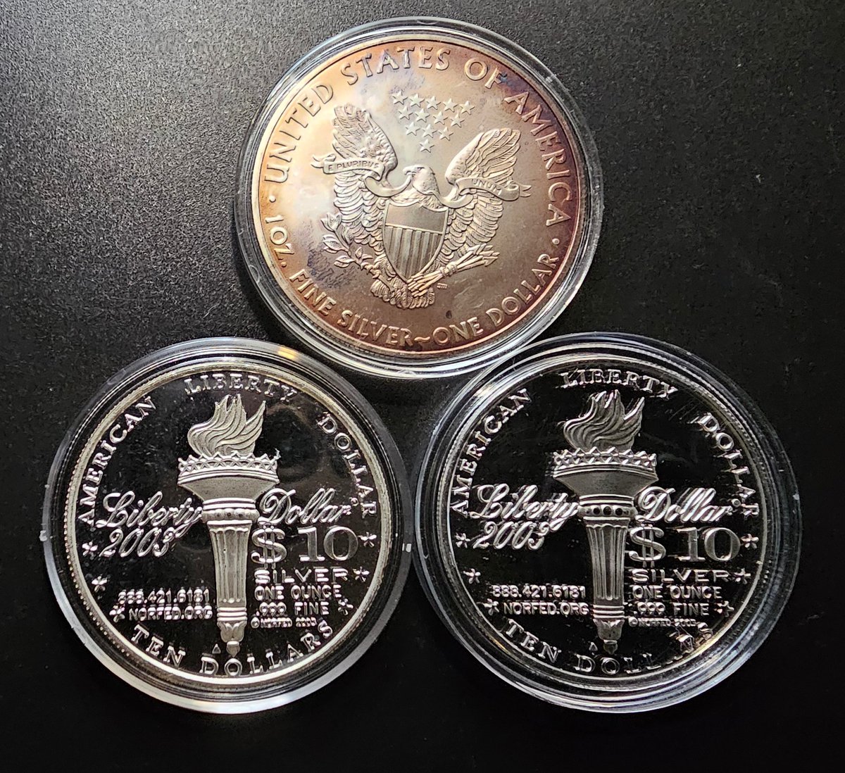A few #Silver arrivals. Only three ounces,  but I can't resist some reasonably priced Norfed Liberty's, and I got the ASE toner near spot.  Every ounce counts!