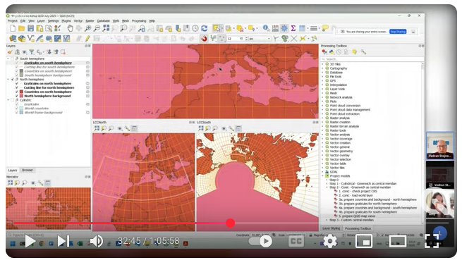 mapserving's tweet image. Happy #foss4g Friday to all.  Catch-up on today&apos;s QGIS Open Day session, and learn about different projections (and a cool way of viewing them at the same time): Youtube: youtube.com/live/5M-Q0Ainu… Download workshop files (zip): github.com/qgis/QGIS/wiki…