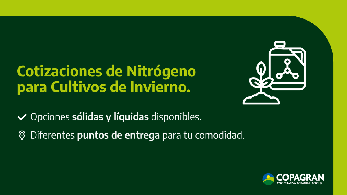 🌱 Cotizaciones de Nitrógeno para cultivos de invierno
Contamos con opciones sólidas y líquidas, adaptadas a tus necesidades.
📍 Diferentes puntos de entrega para facilitar tu logística.
🚜 Consultanos y elegí la mejor alternativa para tu campo.