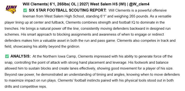 Will Clements (@w_clem4) on Twitter photo Thank you <a href="/sixstarfootball/">Six Star Football | PLUS+</a> for the evaluation and write up from the <a href="/UNIFootball/">UNI Football</a> camp I attended a few weeks ago
<a href="/PrepRedzoneWI/">Prep Redzone Wisconsin</a>
<a href="/MJ_NFLDraft/">Mark Johnson</a>
<a href="/WestSalemFB/">West Salem Football</a> Thank you <a href="/sixstarfootball/">Six Star Football | PLUS+</a> for the evaluation and write up from the <a href="/UNIFootball/">UNI Football</a> camp I attended a few weeks ago
<a href="/PrepRedzoneWI/">Prep Redzone Wisconsin</a>
<a href="/MJ_NFLDraft/">Mark Johnson</a>
<a href="/WestSalemFB/">West Salem Football</a>