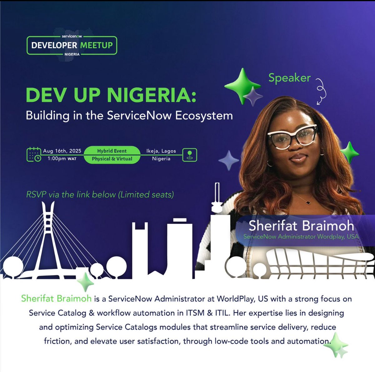 sheribrai's tweet image. Guess who will be a virtual speaker at the @ServiceNow Dev Up meetup in Nigeria 👀..
I am looking forward to learning, connecting, and growing together with fellow ServiceNow professionals and aspiring developers💚. Thank you @ServiceNowLiz for allowing me share my insights..