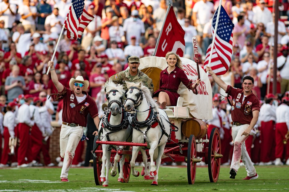 ESPN names the Sooner Schooner the No. 1 mascot in college football in the “Mechanized Division.”

“Since 1964, a slightly shrunken Studebaker Conestoga wagon pulled by a pair of ponies named Boomer and Sooner has hammered its way onto the field before Oklahoma football games, a