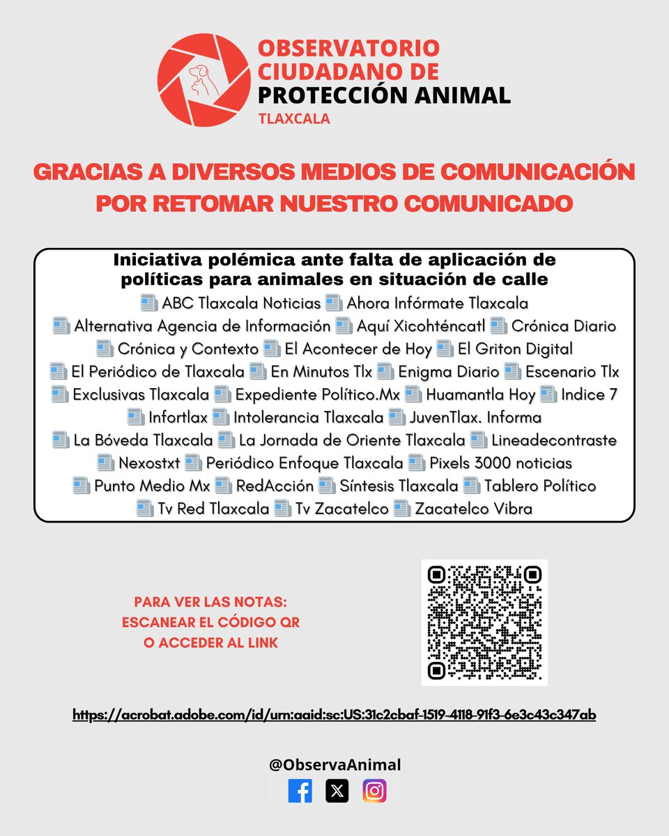 🙌🏻 AGRADECEMOS a los #MediosDeComunicación por difundir 📰 al respecto de la: 🐕🔖 Iniciativa polémica ante la ⛔ falta de aplicación de las políticas públicas establecidas para la atención de la problemática social de los 😿 #animales en situación de calle;

1/6