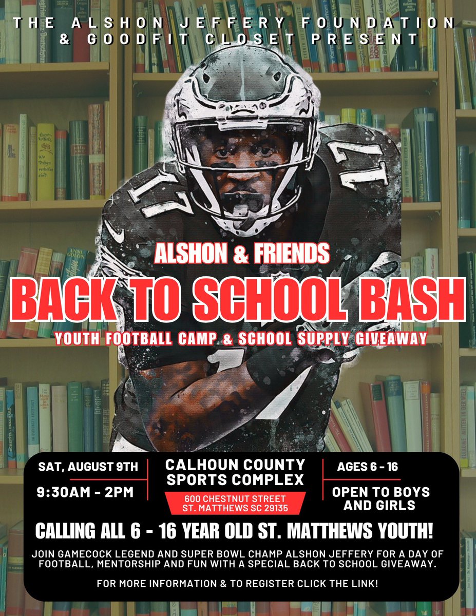 Mike Uva (@mike_uva) on Twitter photo Just spoke with Gamecock great <a href="/AlshonJeffery_1/">Alshon Jeffery</a> who is pleased to announced his Back-to-School Bash on Aug. 9.
Registration is open. These are details Alshon has passed along:
“Come kick off the school year with me at my 2025 Back-to-School Bash! I’ve teamed up with GoodFit Just spoke with Gamecock great <a href="/AlshonJeffery_1/">Alshon Jeffery</a> who is pleased to announced his Back-to-School Bash on Aug. 9.
Registration is open. These are details Alshon has passed along:
“Come kick off the school year with me at my 2025 Back-to-School Bash! I’ve teamed up with GoodFit