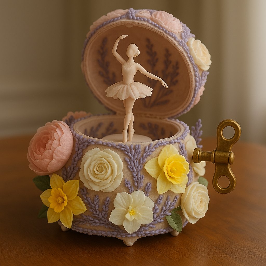 Şakayık, lavanta, nergis ve güllerle süslenmiş bir müzik kutusu🎼🌸