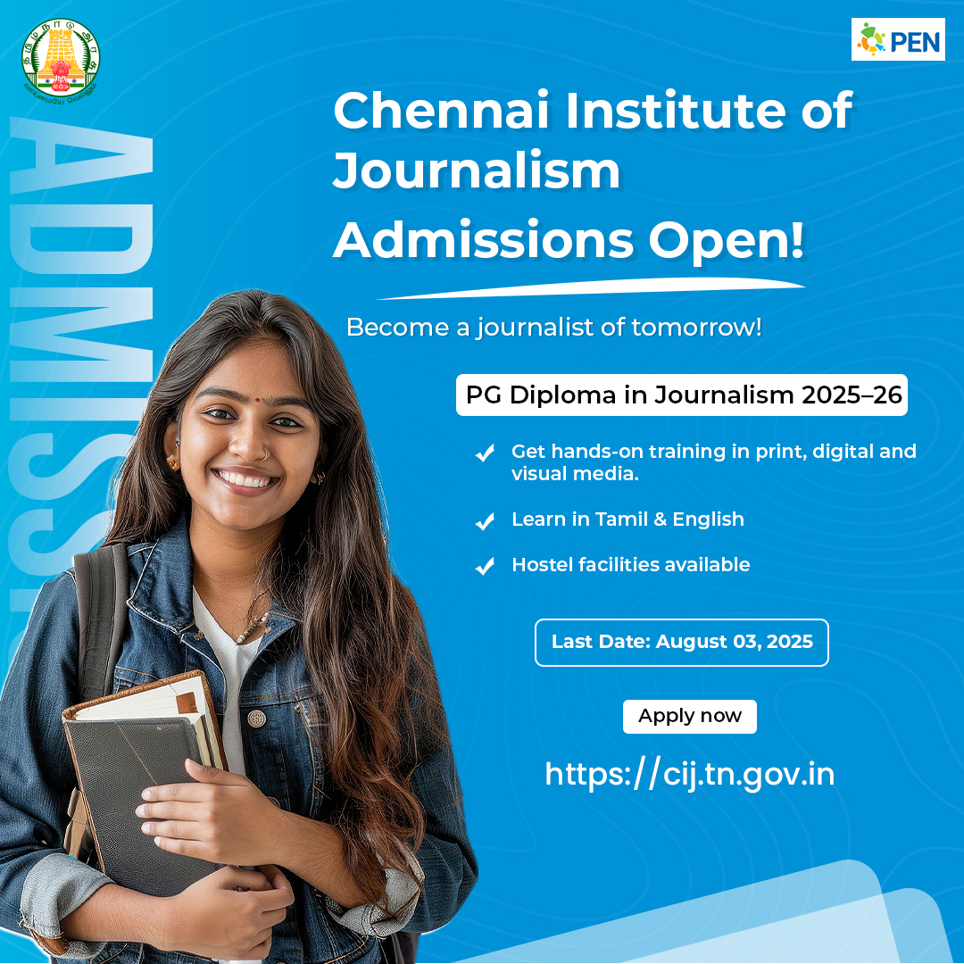 Build your future in media and journalism with the Chennai Institute for Journalism. Join Post Graduate Diploma in Journalism (PGDJ) – Admissions open for 2025–26!

Apply now - cij.tn.gov.in/en

#Journalism #PGDiploma