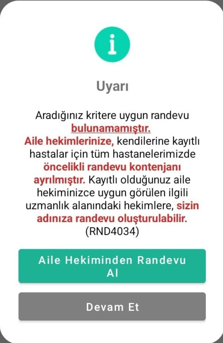 Aile Hekimlerine ayrılan randevu kotası; Aile hekimlerinin tedavisinde aciliyet gördüğü hastalar içindir. Aile Hekimleri, uzman hekime gitmek isteyen kişiler için randevu alma memuru değildir. Randevu almak için <a href="/MHRS_182/">MHRS</a> yi arayınız <a href="/AHEF2008/">AHEF</a> <a href="/hekim_birligi/">Hekim Birliği</a> <a href="/saglikbakanligi/">T.C. Sağlık Bakanlığı</a>