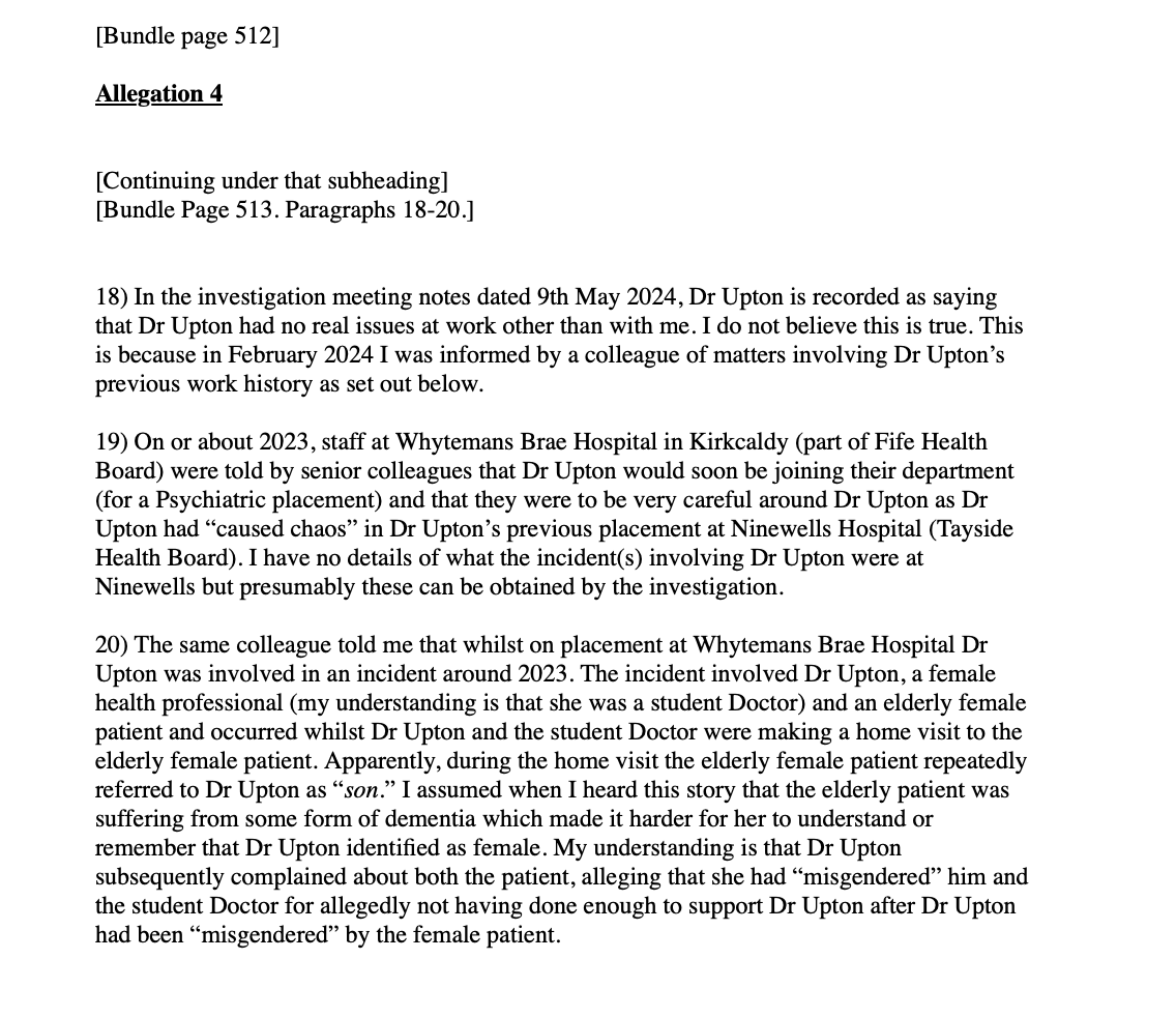 Another note from the bundle. This transcribed by my friend Bryndis Blackadder 

Sandie Peggie response to disciplinary allegations  in A Glancey’s letter 19th July 2024.

Re: Dr Upton complaining that an elderly female patient called him "son" and a student student doctor had