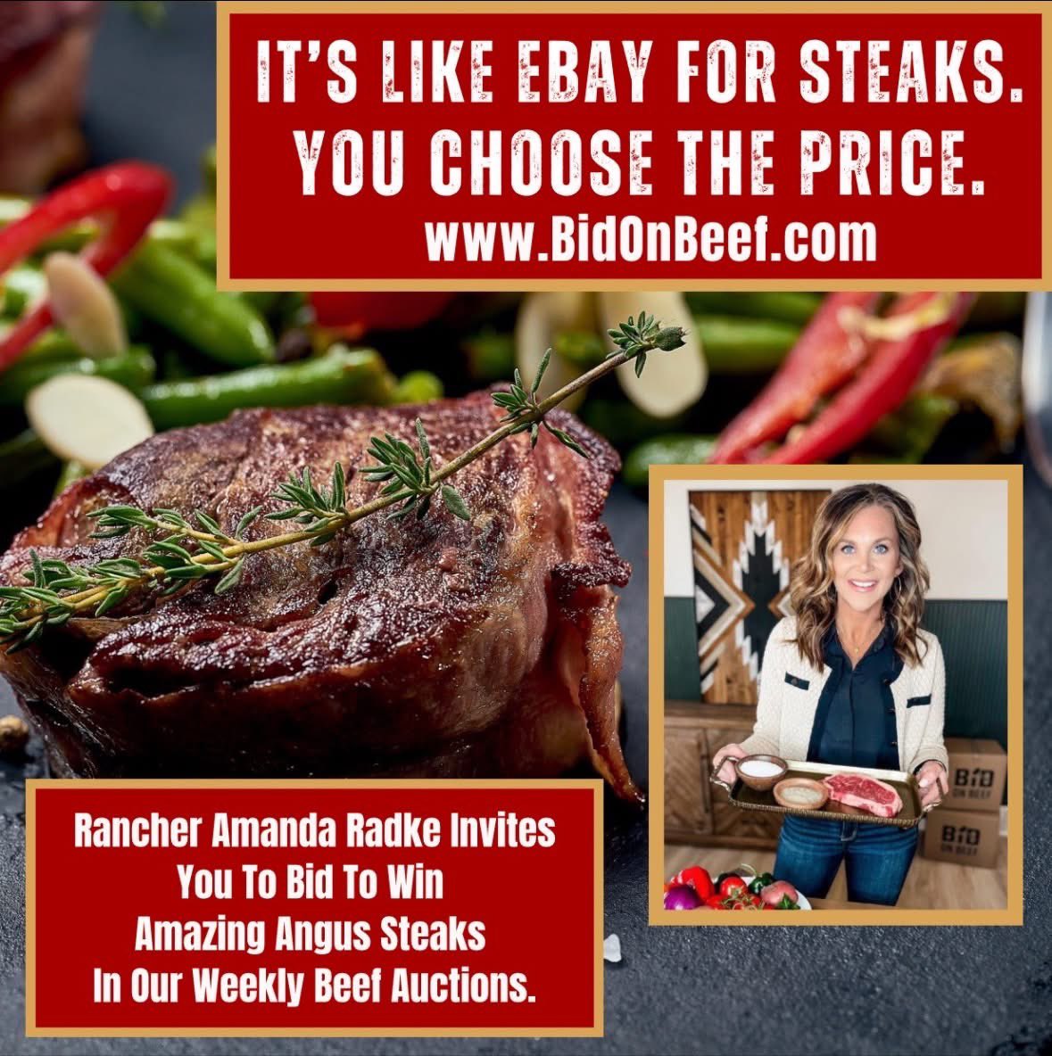 RadkeAmanda's tweet image. A bond forged by a love of great cattle, great people, great experiences, and great steaks.
It’s like EBAY for steaks. You choose the cut and the price.
Follow along for our weekly beef auctions at bidonbeef.com