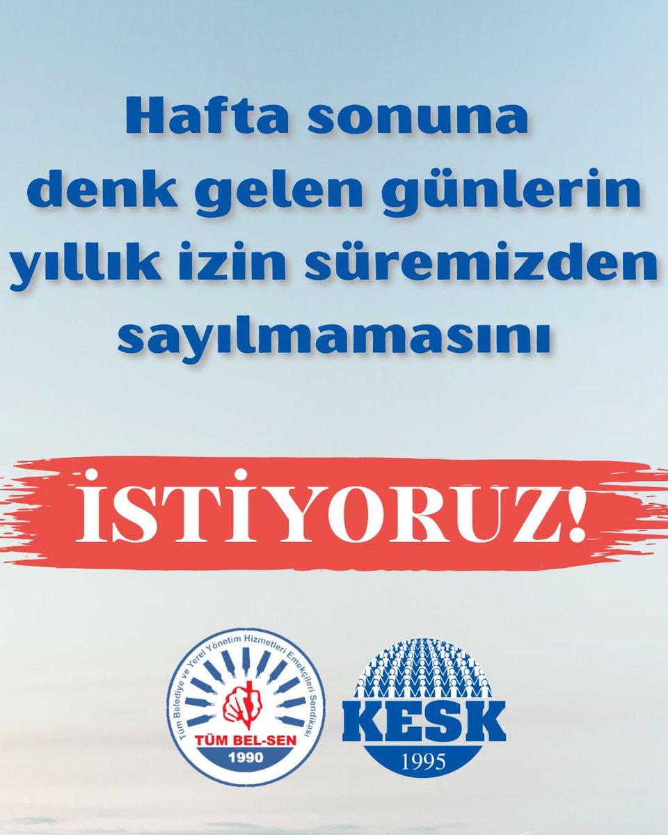 tumbelsen's tweet image. Kamu emekçilerinin yıllık izinlerinin hafta sonuna denk gelen günlerinin toplam yıllık izin süresinden sayılmaması için düzenleme yapılmalıdır.
#ArtıkYeterGeçinemiyoruz @KESK1995