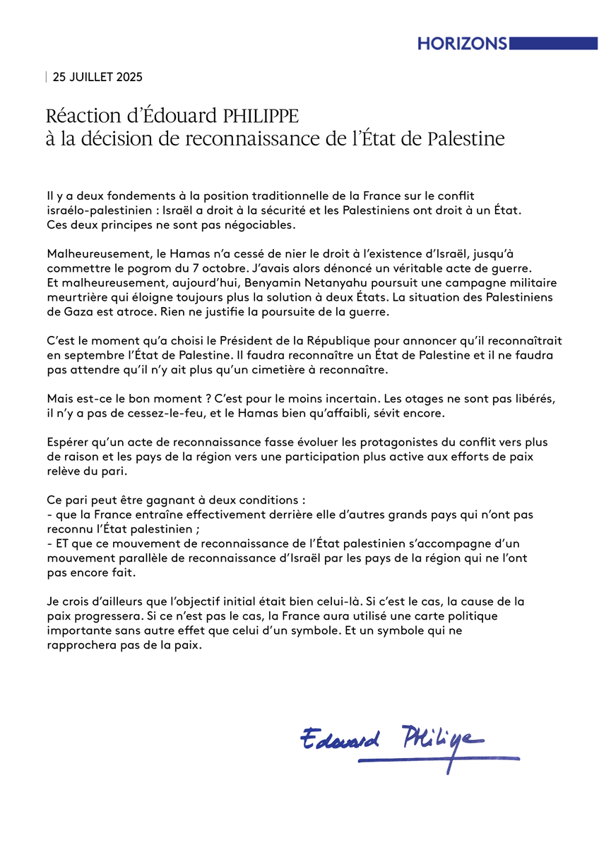 HorizonsLeParti's tweet image. Réaction d’Édouard PHILIPPE à la décision de reconnaissance de l’État de Palestine ↓