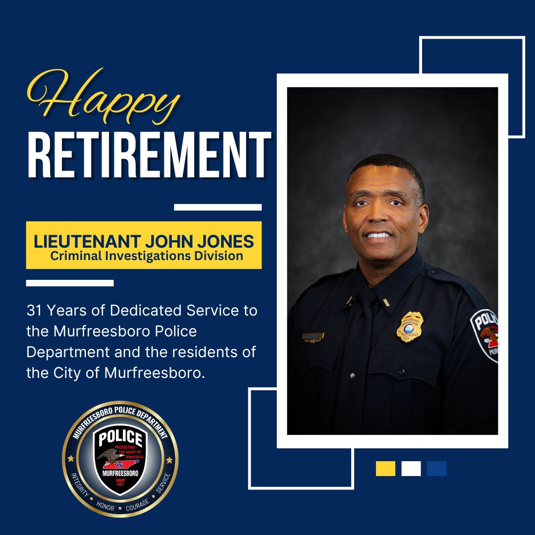 🎉 After 31 years of dedicated service to the Murfreesboro Police Department and the residents of the City of Murfreesboro, Lieutenant John Jones is retiring. 👮🏿‍♂️💙 Congratulations and enjoy your retirement, Lt. Jones! 🎊🫡👏