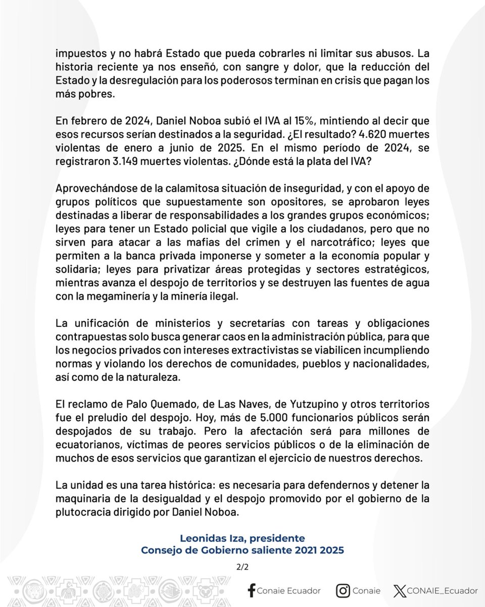 #CONAIE
El Consejo de Gobierno saliente de la Confederación de Nacionalidades del Ecuador, CONAIE, expresó su solidaridad con las y los 5mil servidores públicos despedidos tras la aprobación del #Decreto60
En su comunicado, llamó a los sectores sociales a "luchar y defender los