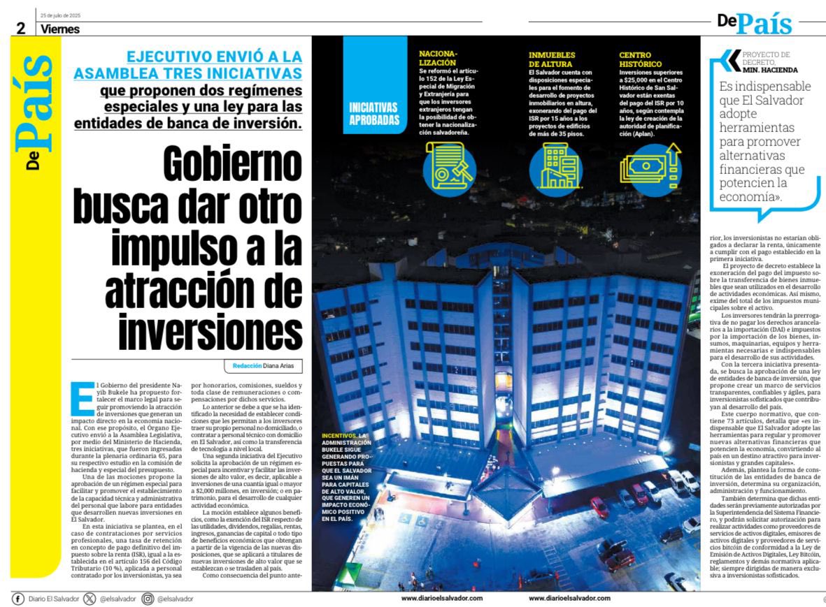 Dania González (@daniagonzalz) on Twitter photo El Salvador avanza hacia un nuevo modelo de atracción de inversiones: más competitivo, estructurado y ambicioso.
Como diputada de la <a href="/AsambleaSV/">Asamblea Legislativa 🇸🇻</a> respaldo las tres iniciativas presentadas por el Ejecutivo, considero reflejan una visión moderna del desarrollo económico y responden El Salvador avanza hacia un nuevo modelo de atracción de inversiones: más competitivo, estructurado y ambicioso.
Como diputada de la <a href="/AsambleaSV/">Asamblea Legislativa 🇸🇻</a> respaldo las tres iniciativas presentadas por el Ejecutivo, considero reflejan una visión moderna del desarrollo económico y responden