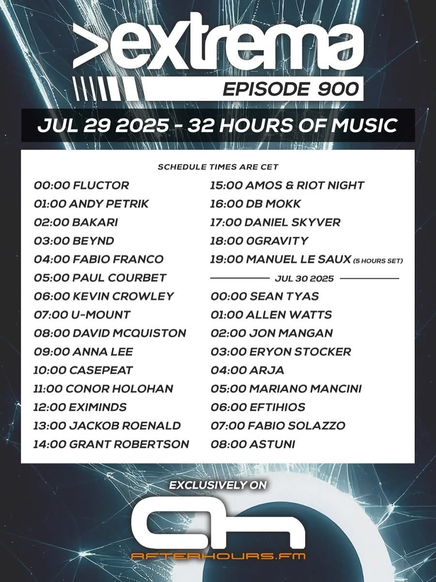 DJBAKARI's tweet photo. Celebrating Extrema 900 online at @afterhoursfm on July 29th with 32 hours of music! My set is on at 2am CET July 29th , 5pm PDT July 28th, 8pm EDT July 28th 🥳 https://t.co/p3PwAuVjx1