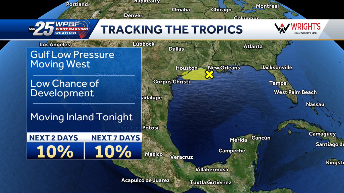 Low pressure in the northwestern Gulf continues to move westward this afternoon.  The chance for any development remains at only 10%.  Regardless of development, it will continue to produce heavy rainfall as it moves into Louisiana or Texas tonight.
Gulf Low Pressure