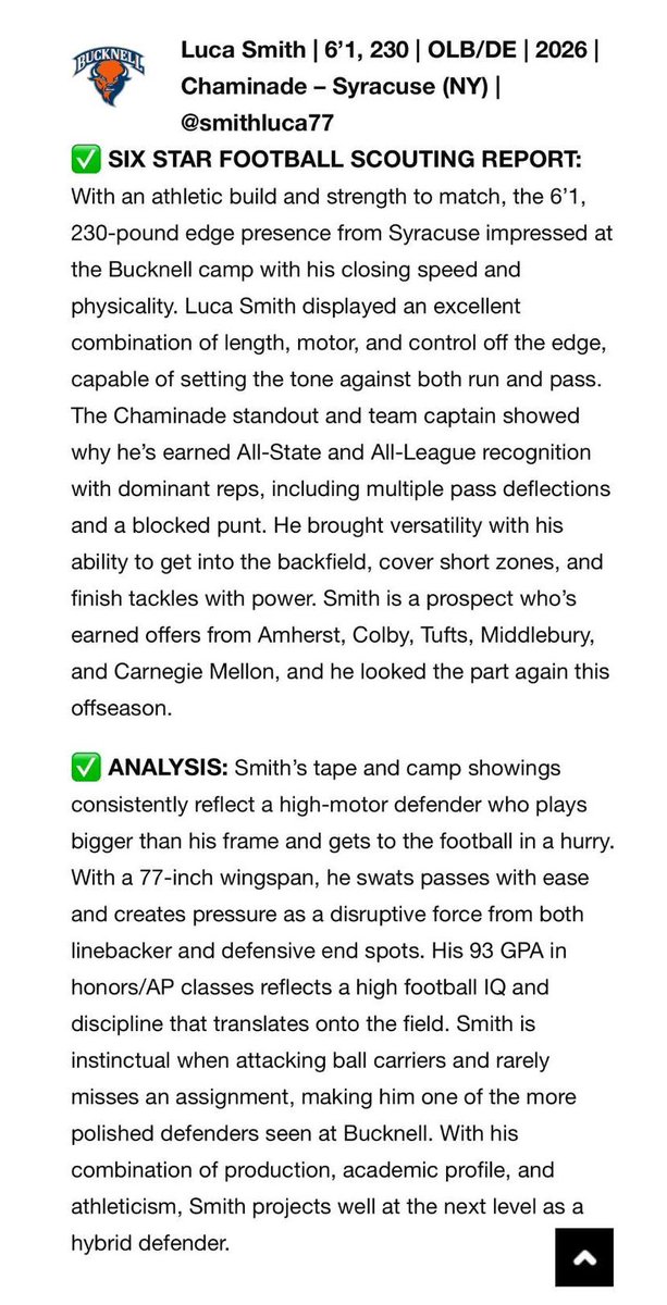 Luca Smith (@smithluca77) on Twitter photo Thank you <a href="/sixstarfootball/">Six Star Football | PLUS+</a> for the recent write ups from my performances at <a href="/Bucknell_FB/">Bucknell Football</a> and <a href="/LafColFootball/">Lafayette Football</a> Very Grateful!
<a href="/CoachMurd40/">Chase Murdock</a> <a href="/Coach_Dono6/">Don Nathaniel</a> <a href="/CoachSeumalo/">Andrew Seumalo</a> <a href="/CoachBarr74/">PJ Barr</a> <a href="/Coach_Bowers/">Chris Bowers</a> <a href="/Chaminade_FB/">Chaminade Flyers Football</a> <a href="/coache57/">Tom Elder</a> <a href="/CoachClaro/">Tom Claro</a> <a href="/DeclanFMiller/">Declan Miller | '26 | #72 | OL | Chaminade HS (NY)</a> Thank you <a href="/sixstarfootball/">Six Star Football | PLUS+</a> for the recent write ups from my performances at <a href="/Bucknell_FB/">Bucknell Football</a> and <a href="/LafColFootball/">Lafayette Football</a> Very Grateful!
<a href="/CoachMurd40/">Chase Murdock</a> <a href="/Coach_Dono6/">Don Nathaniel</a> <a href="/CoachSeumalo/">Andrew Seumalo</a> <a href="/CoachBarr74/">PJ Barr</a> <a href="/Coach_Bowers/">Chris Bowers</a> <a href="/Chaminade_FB/">Chaminade Flyers Football</a> <a href="/coache57/">Tom Elder</a> <a href="/CoachClaro/">Tom Claro</a> <a href="/DeclanFMiller/">Declan Miller | '26 | #72 | OL | Chaminade HS (NY)</a>