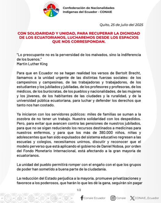 ElenaDeQuito's tweet image. 🔴El Consejo de Gobierno saliente de la Confederación de Nacionalidades del Ecuador, CONAIE, expresó su solidaridad con los 5mil servidores públicos y llamó a la unidad de todos los sectores sociales "para luchar y defender los derechos que tanto nos han costado"