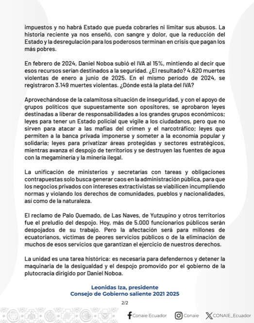 ElenaDeQuito's tweet image. 🔴El Consejo de Gobierno saliente de la Confederación de Nacionalidades del Ecuador, CONAIE, expresó su solidaridad con los 5mil servidores públicos y llamó a la unidad de todos los sectores sociales "para luchar y defender los derechos que tanto nos han costado"