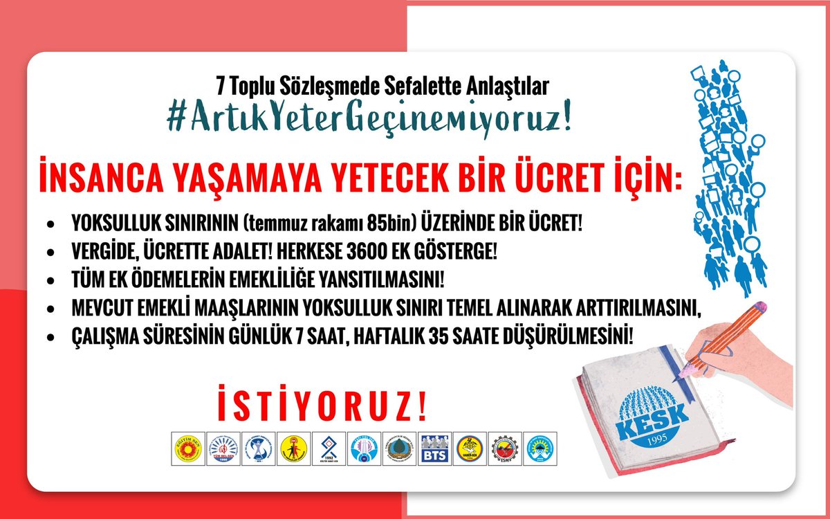 KESKHaberSen's tweet image. 7 Toplu Sözleşmede Sefalette Anlaştılar!
#ArtıkYeterGeçinemiyoruz!
•Grevli Gerçek Bir Toplu İş Sözleşmesi!
•Yoksulluk Sınırının Üzerinde Bir Ücret!
•Güvenceli İstihdam, Güvenli Gelecek!
•Demokratik, Adil Bir Çalışma Yaşamı!
•Halktan Yana Bir Kamu Hizmeti!
İSTİYORUZ!