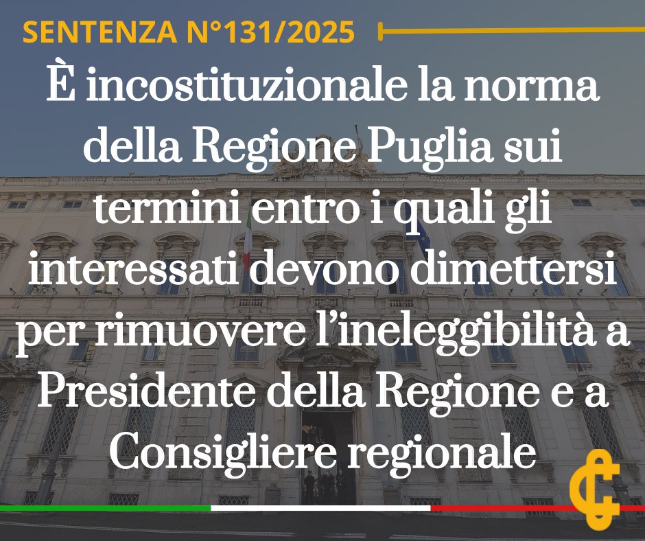CorteCost's tweet image. È incostituzionale la norma della Regione Puglia sui termini entro i quali gli interessati devono dimettersi per rimuovere l’ineleggibilità a Presidente della Regione e a Consigliere regionale.
cortecostituzionale.it/documenti/comu…
#Cortecostituzionale #Comunicato #Sentenza #Puglia