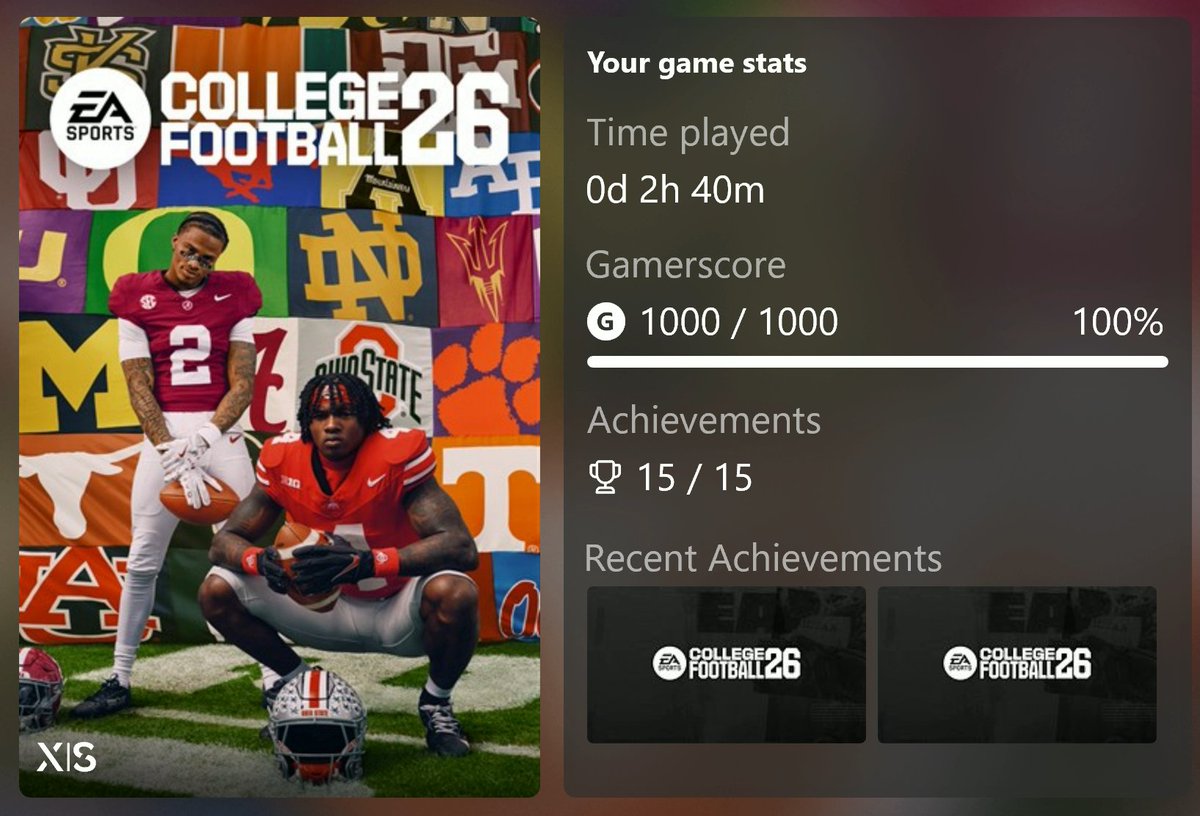Stallion83's tweet image. College Football 26 1K complete 🏆
EA still playing it safe with the achievements, but it’s an upgrade for sure. The animations are impressive.