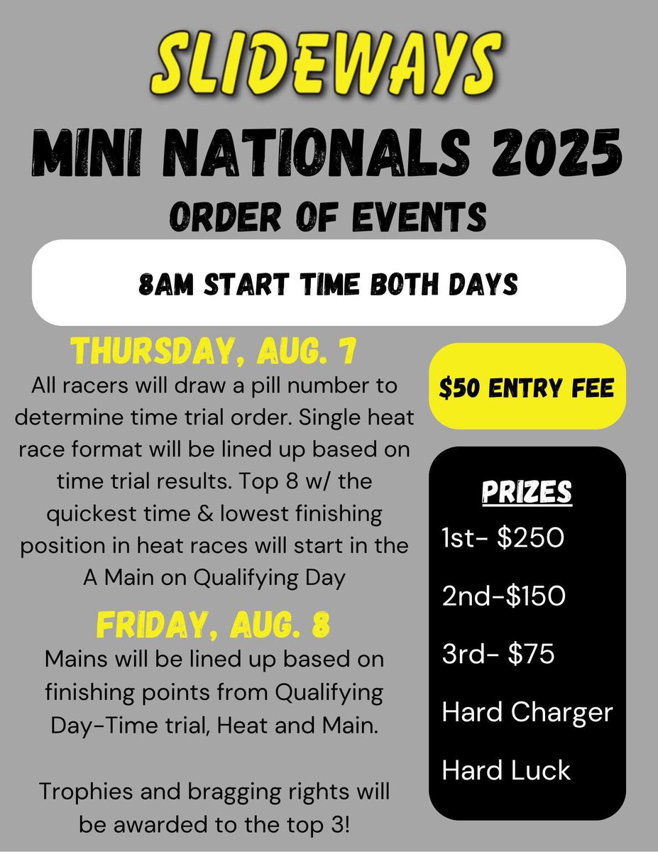 Test out your racing skills at our Annual Slideways MINI NATIONALS!!

Details Below ⬇️ ⬇️
