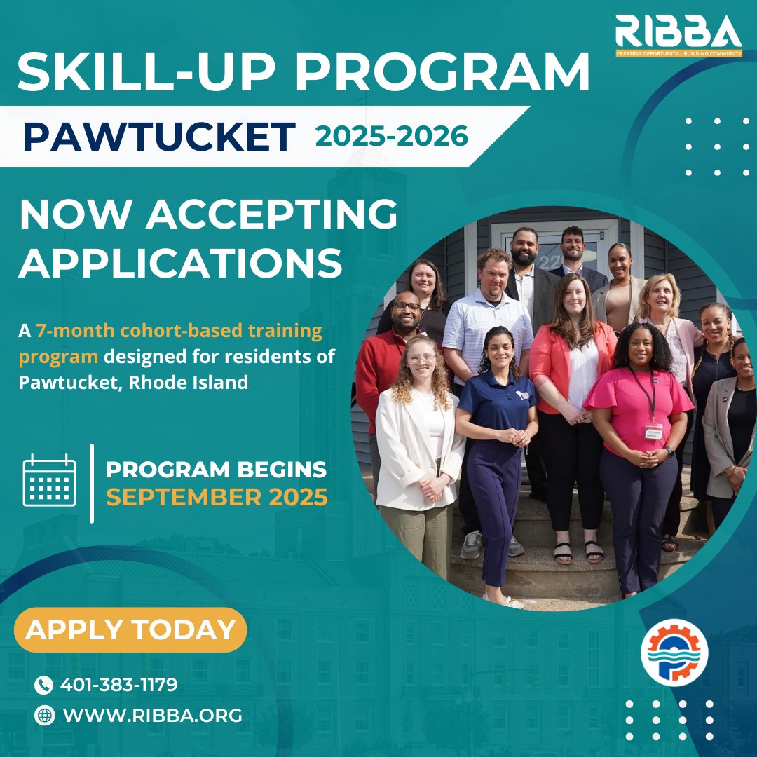 Pawtucket residents!

RIBBA is now accepting applications for their free 7-month Skill-Up Program starting this September! 

Early application deadline: July 31st
Final deadline: August 22nd

Only 20 spots available!
Learn More &amp; Apply Now: ribba.org/workforce-deve…