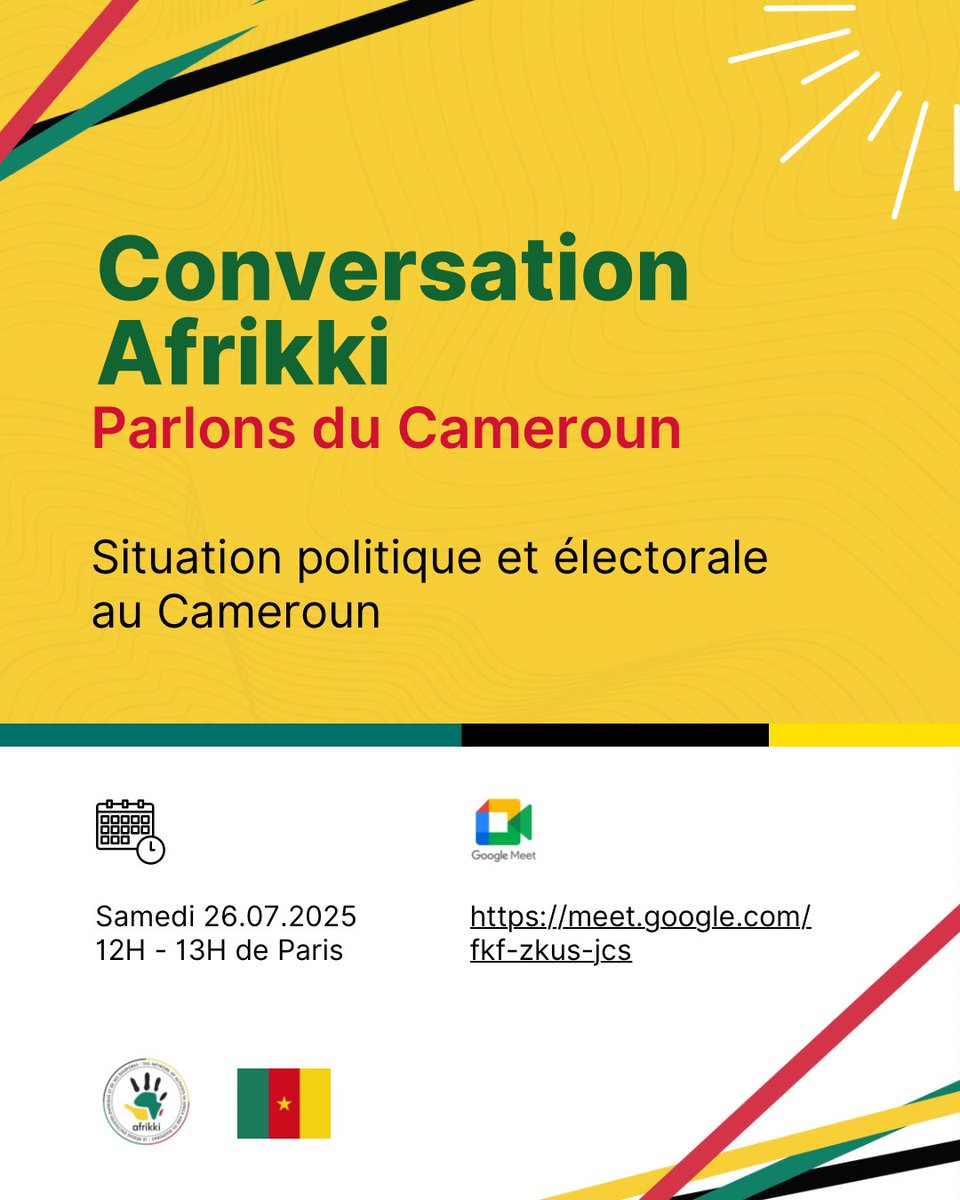 Ce samedi 26 juillet 2025, nous organisons une conversation sur la situation politique et électorale au Cameroun. 
L’idée est de revenir les enjeux qui marquent cette élection à la fois pour les peuples du Cameroun et l’Afrique. 
Pour participer: meet.google.com/fkf-zkus-jcs.
